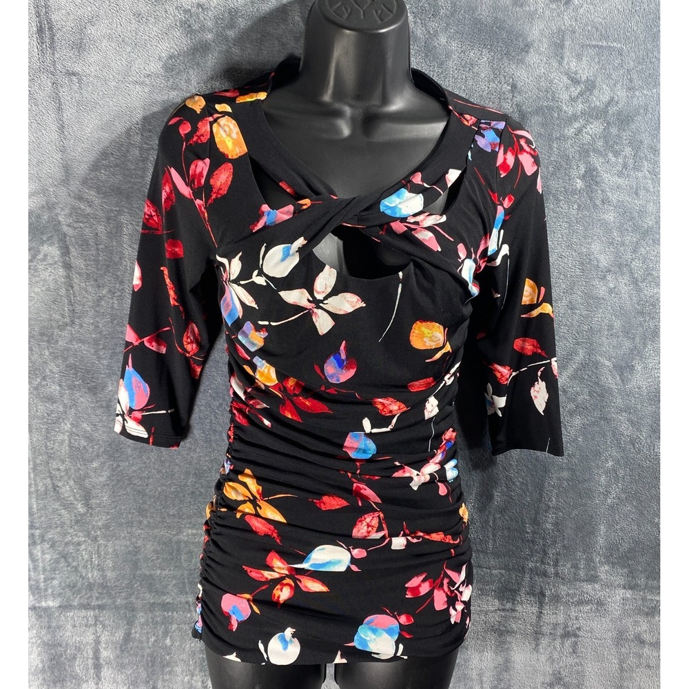 Jennifer Lopez Top Blouse Womens XS Black Floral Knot 3/4 Sleeve Cottage Garden